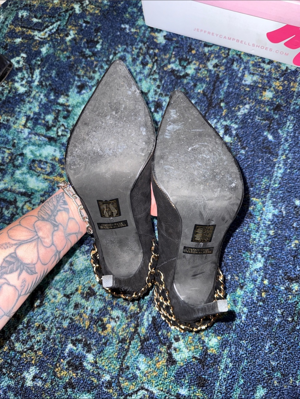 Jeffrey Campbell Black Suede Pointed-Toe Pumps with Gold Chain Heel - Picture 4 of 5
